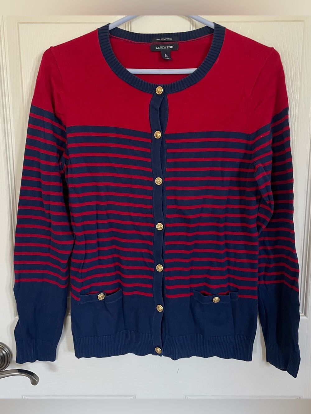 Lands End Red Navy Blue Nautical Cardigan size S 100% Cotton - Picture 2 of 13